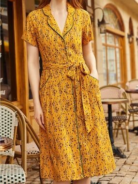 ISO Modcloth Going Out and About Mustard Floral Tie-Waist Midi Dress